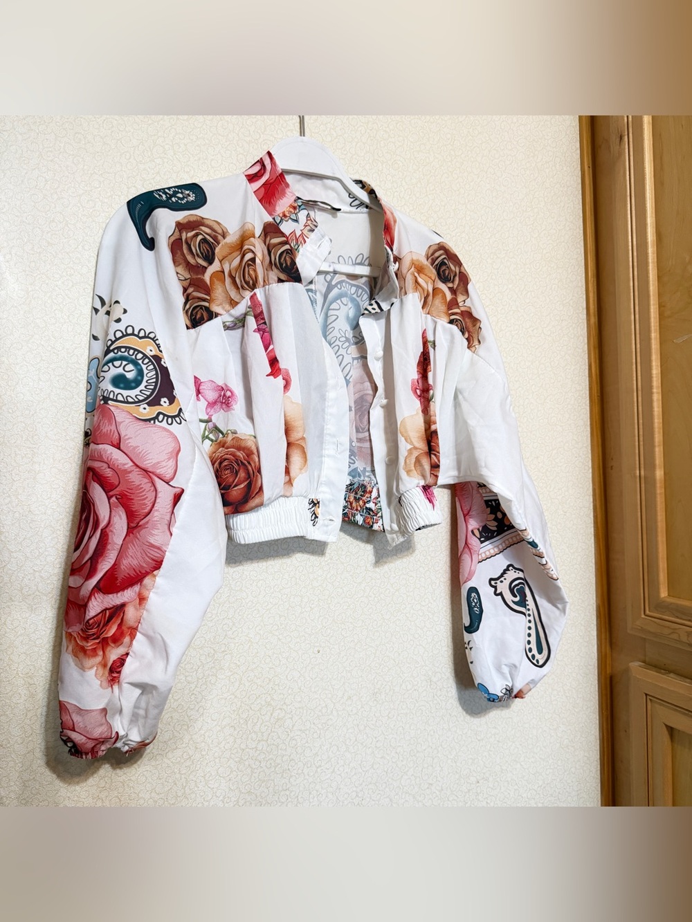 Floral Print Cropped Jacket - White with Rose Motif